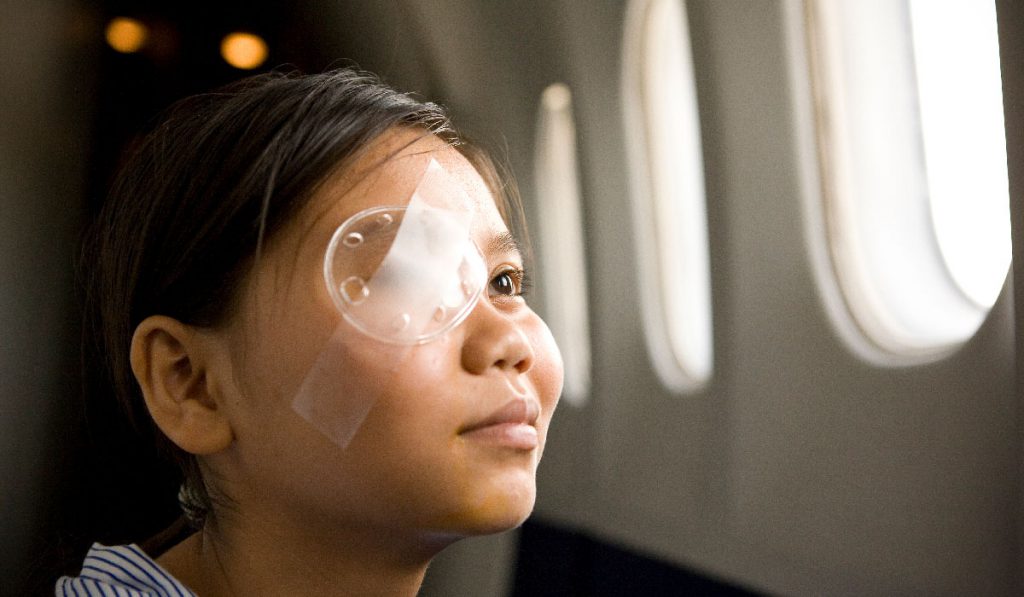 Young girl with eye patch on her right eye.