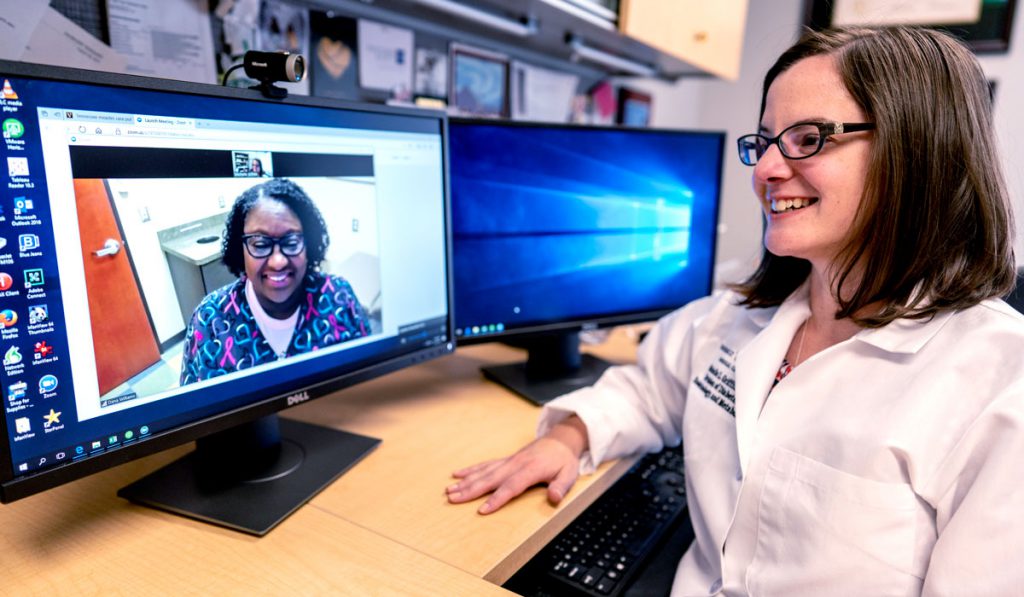 Michelle Griffith, M.D., in a telemedicine consult with Tammy Edmonds, LPN.