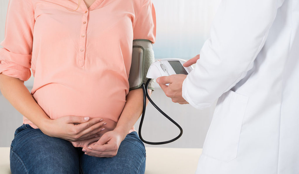 Doctor checking cardiovascular health of pregnant woman.