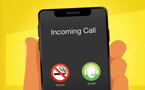Illustration of nicotine urge "calling" on phone, but option to decline and seek help instead