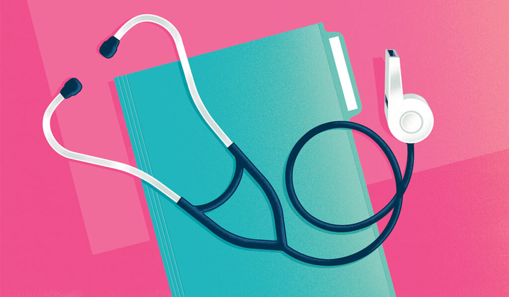 Illustration of nursing gear, file folder, stethoscope with whistle at the end