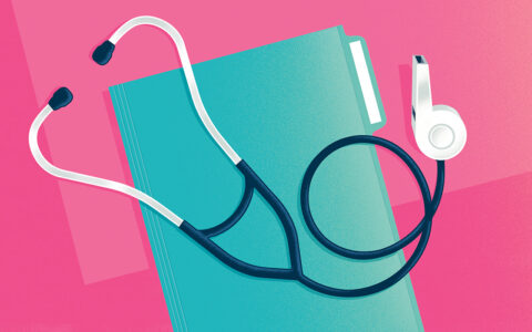 Illustration of nursing gear, file folder, stethoscope with whistle at the end