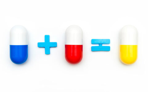Drug repurposing concept: one blue pill plus one red pill equals one yellow pill