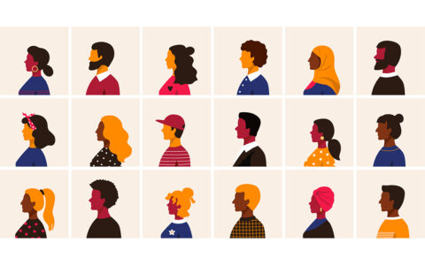 An illustration of a dozen profiles of various ethnicities.