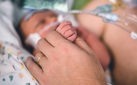 Closeup of adult holding infant's hand