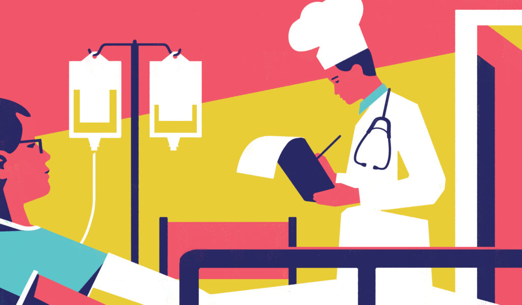 A doctor wearing a chef hat writes on a notebook while visiting a sick patient.