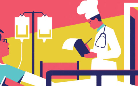 A doctor wearing a chef hat writes on a notebook while visiting a sick patient.